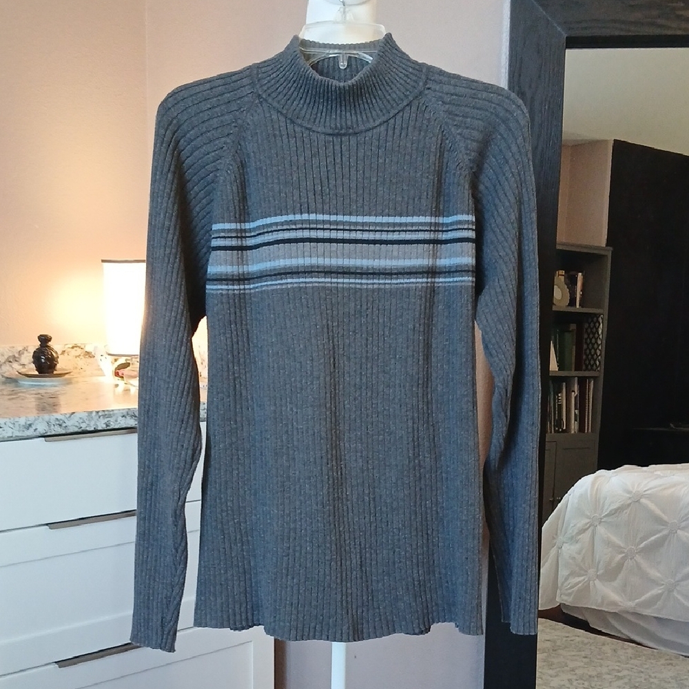 Liz Claiborne Mockneck Ribbed Sweater Grey & Blue Black Stripes XL 100% Cotton